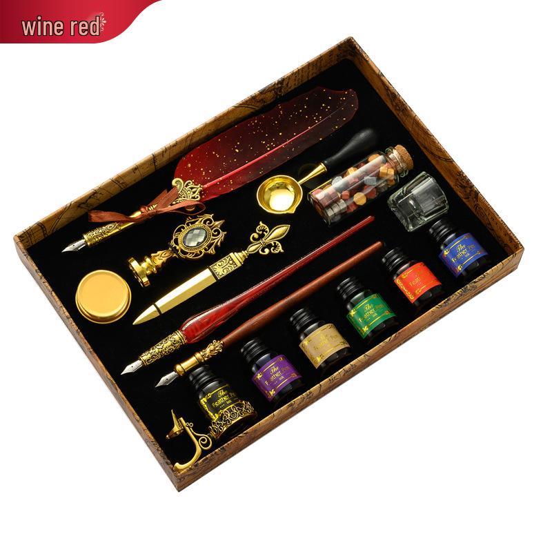 British Style Gold Splatter Feather Pen Set with Custom Logo - Ink Dipping Set, Birthday Gift
