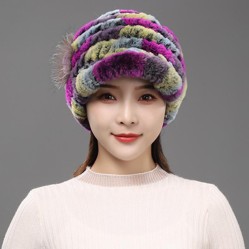 Fur Hat for Women Winter Rex Rabbit Fur Middle-aged and Elderly Ladies Mothers and Grandmothers Fashionable and Warm Knight Cap