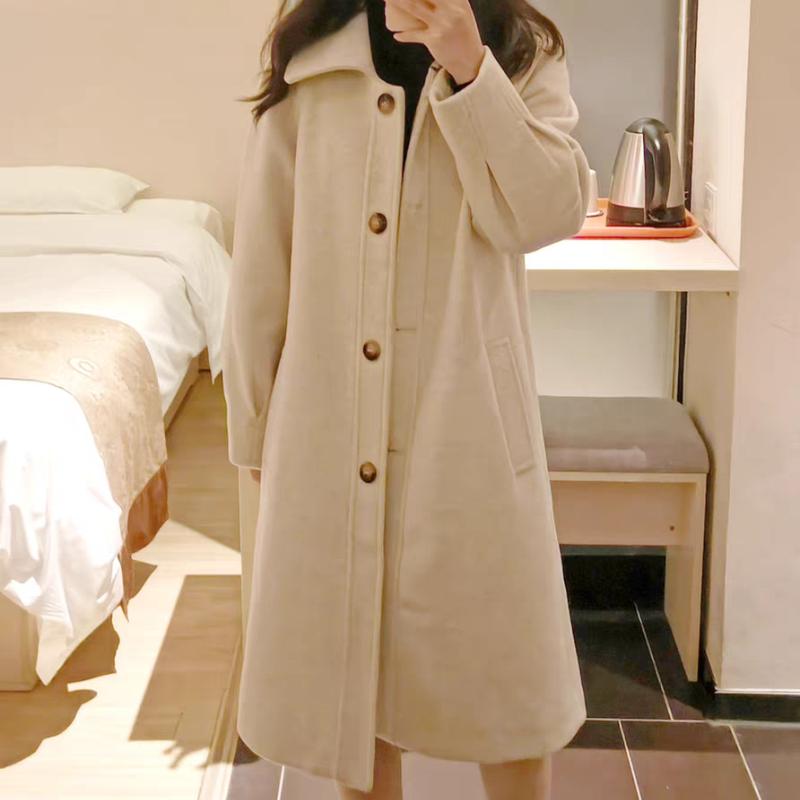Long-Length Thickened Mid-Length Woolen Outer Wear for Women Button Design Autumn Winter Elegant Coat