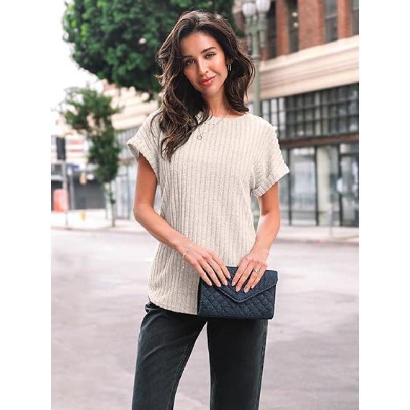 Solid Color Round Neck Ribbed Loose Short Sleeve Casual T Shirt Top For Women