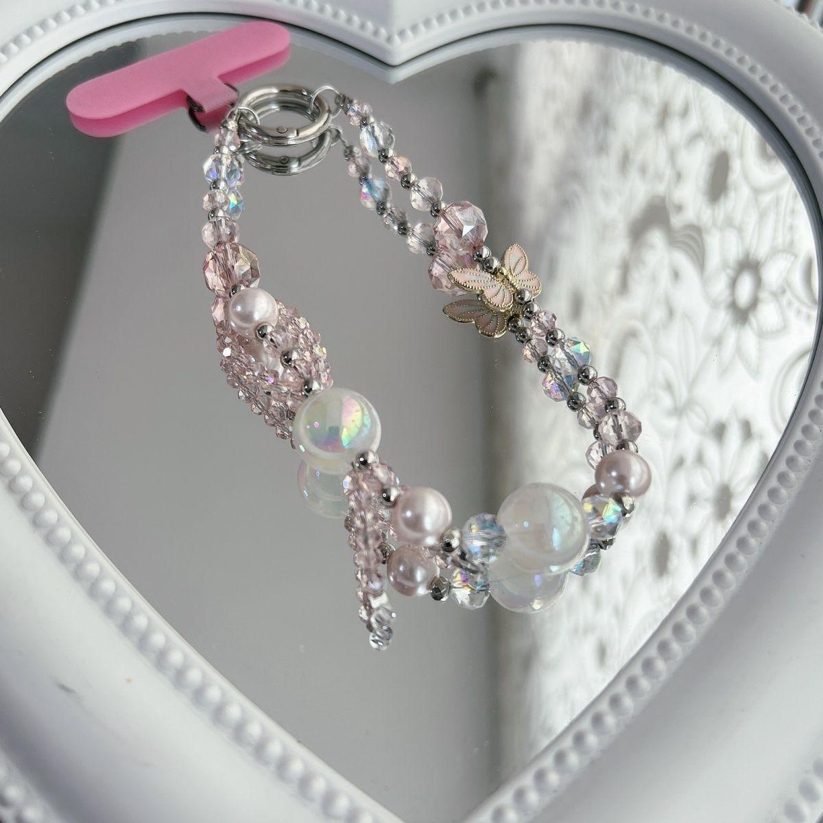 

Butterfly Charm 26cm Short Beaded Phone Strap Lanyard Wrist Strap with Tether Tab Black