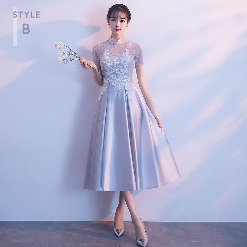 Bridesmaid Dress New Spring Grey Satin Sisters Bridesmaid Dress Medium and Long Girlfriend Dress Sister Dress