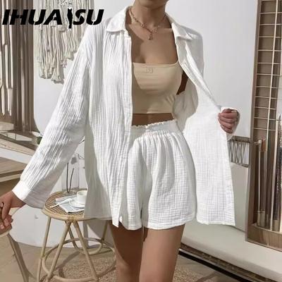 Women's Spring and Summer Fashion Solid Colour Long-sleeved Shirt Suit Women Casual Loose Shorts Two-piece Set