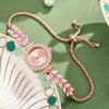 New Fashion Women Quartz Watch Leaf Design Slim Strap Rhinestone Round Dial Pull Adjustable Bracelet Wristwatch