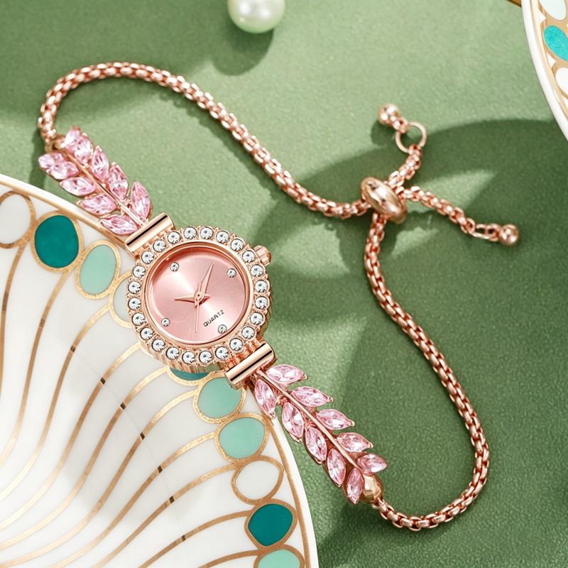 New Fashion Women Quartz Watch Leaf Design Slim Strap Rhinestone Round Dial Pull Adjustable Bracelet Wristwatch