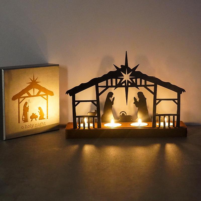 Christmas Candle Holder Metal Nativity Scene Candlesticks Decorative Candle Stand Holiday Candle Holder With Wood Base For