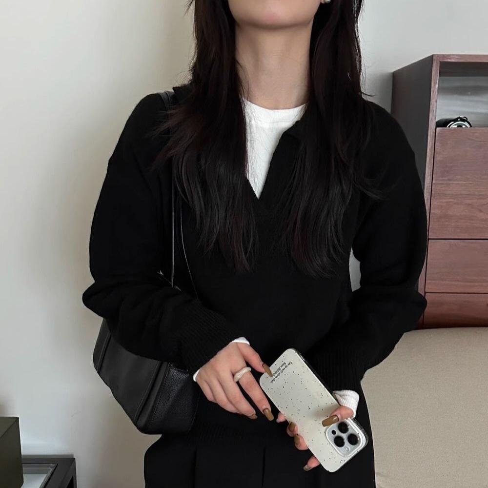 V-neck Sweater Loose and Laid-back Style Knitted Polo Shirt for Women In Autumn and Winter Long-sleeved Casual Pullover Warm Top