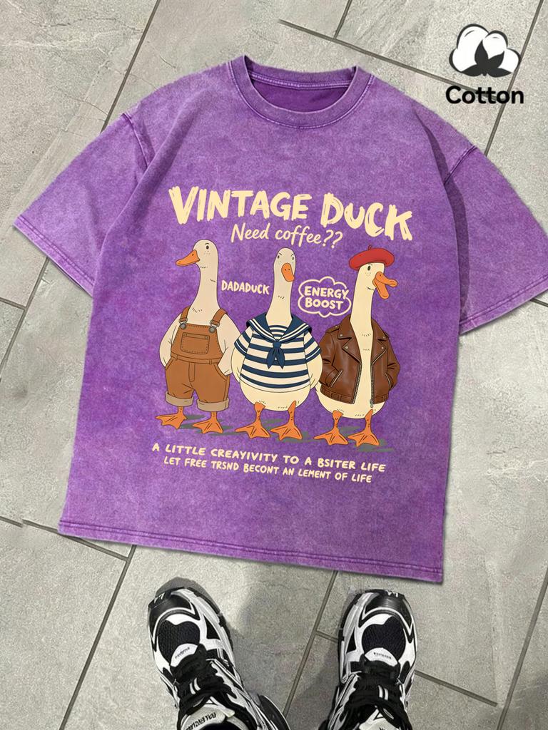 Vintage Duck Need Coffee Printing Snow Wash Men TShirt Summer Fashion Tops Casual Cotton Soft Washed Tee Unisex Clothing