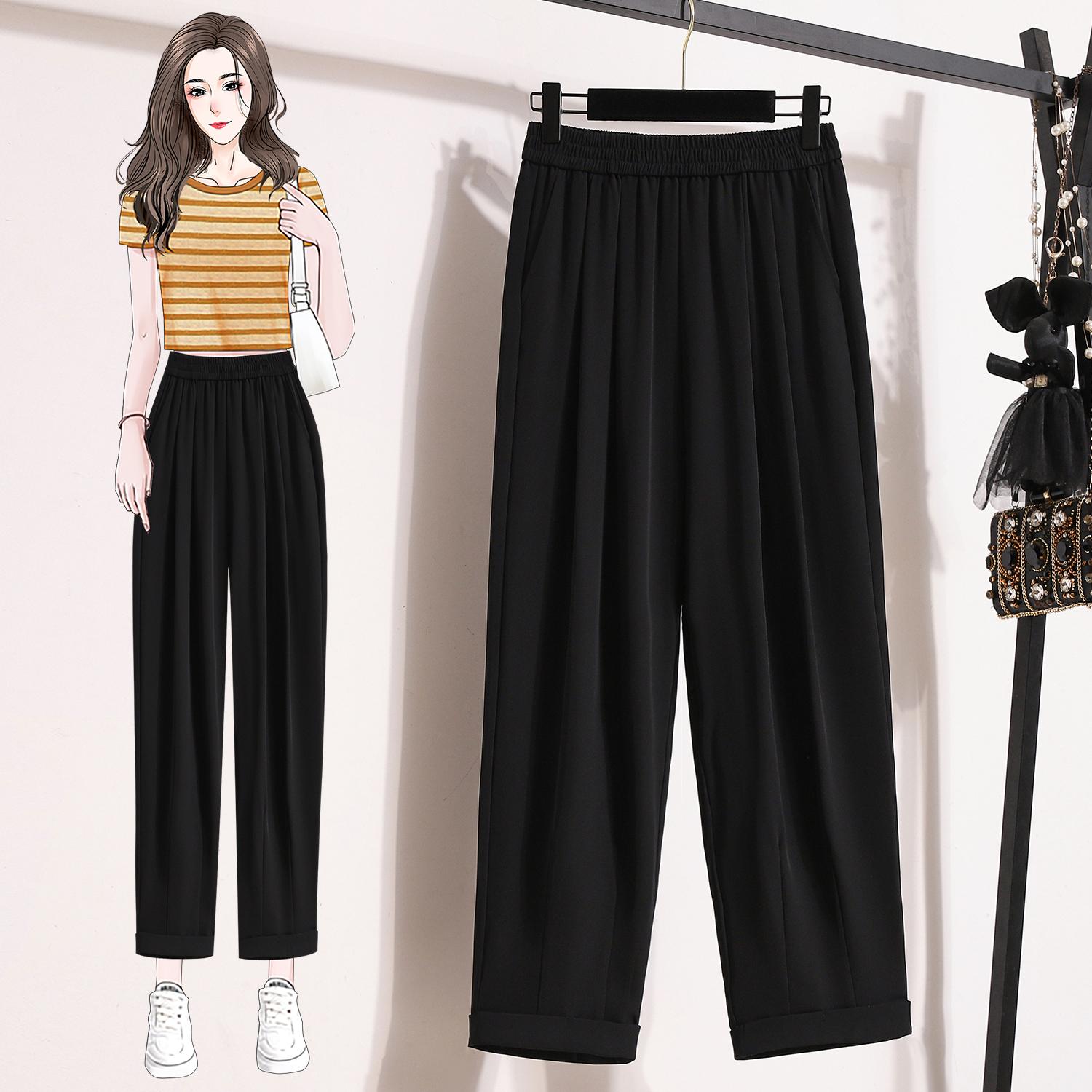 

DIMANAF Plus Size Summer Long Pants Women Elastic Waist Casual Loose Vintage Pants New Solid Pants L