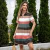 Women Loose Fit Shirt Dress Button Front Stand Collar Short Sleeve Casual Dress with Stripe Print for Daily Wear