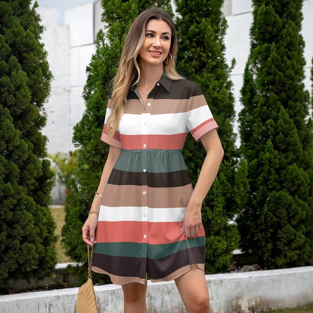 Women Loose Fit Shirt Dress Button Front Stand Collar Short Sleeve Casual Dress with Stripe Print for Daily Wear