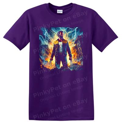 Wolverine T Shirt Stormy City Battle Art Superhero Claw Action Graphic Tee Fire