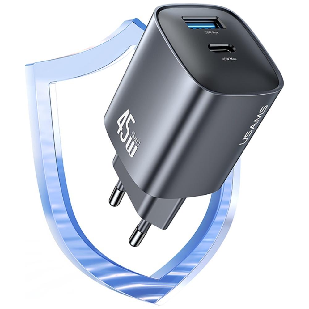 USAMS CC290 T66 45W GaN Wall Charger 1xUSB-A 1xUSB-C Silver