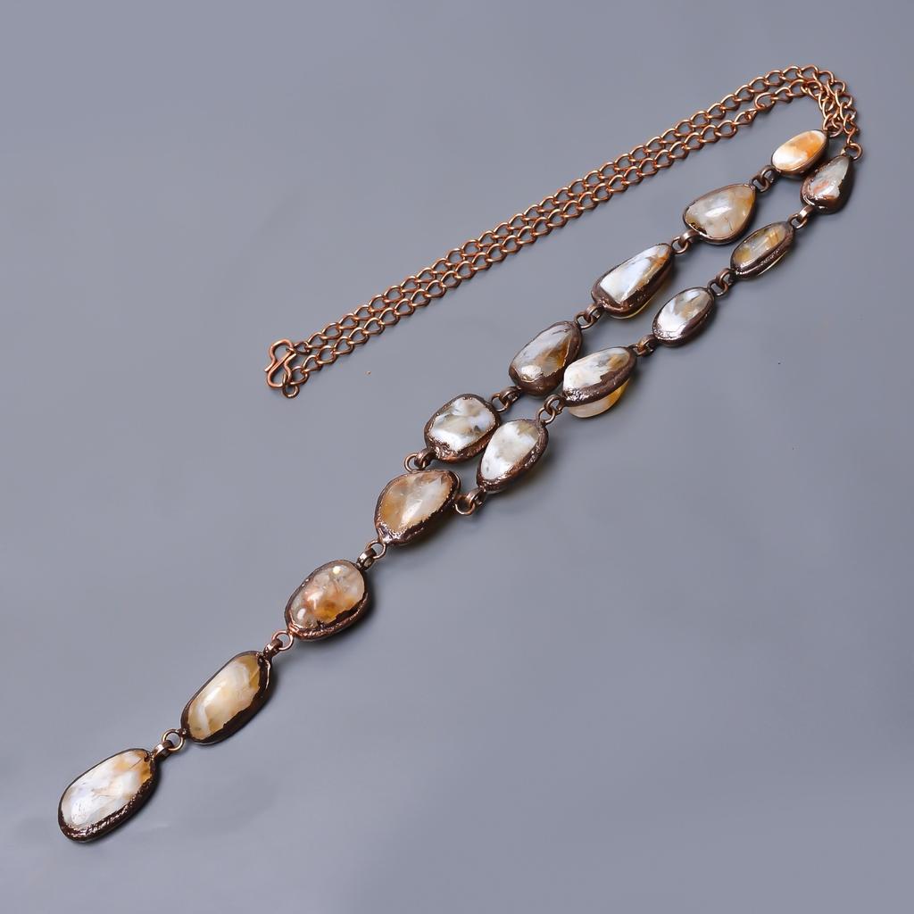 Natural Citrine Rough Copper Birthday Gift Chain Electroformed Necklace Jewelry V-20