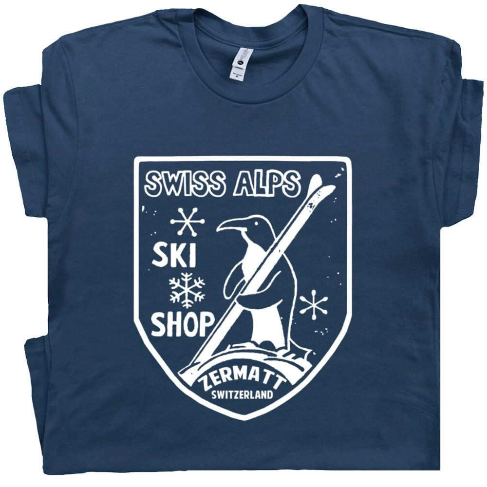 

Penguin Skiing T Shirt Vintage Ski Swiss Alps Snowboard Cool Graphic Switzerland 3XL