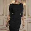 Wedding Guest Dresses MIDI Length Mermaid Half Sleeves Bodycon Formal Evening Party Gowns with Pearls