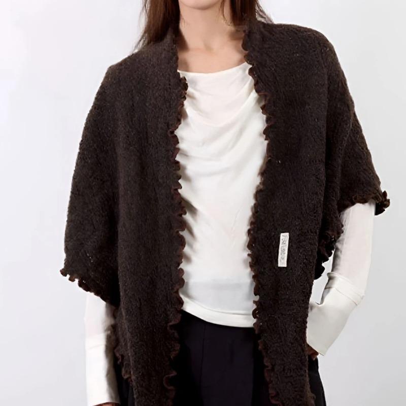 Șal elegant din amestec de lână cu bordură din dantelă, stil coreean, cardigan wrap pentru femei
