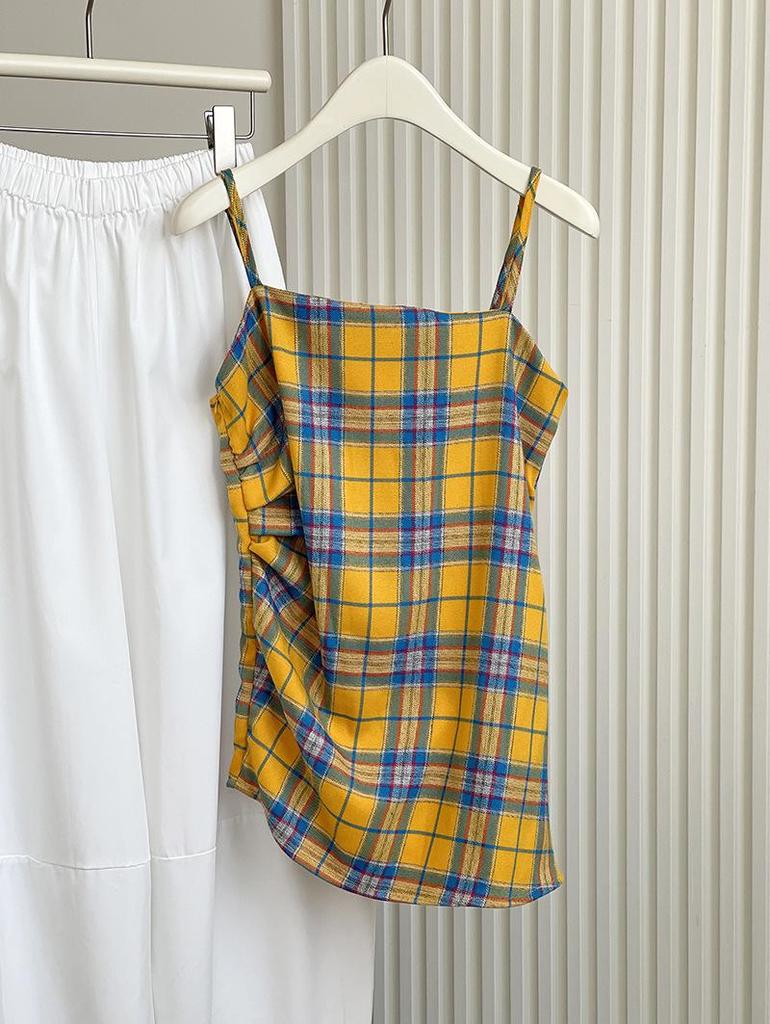 2024 Summer Orange Retro Color Block Plaid Irregular Camisole Sleeveless Top