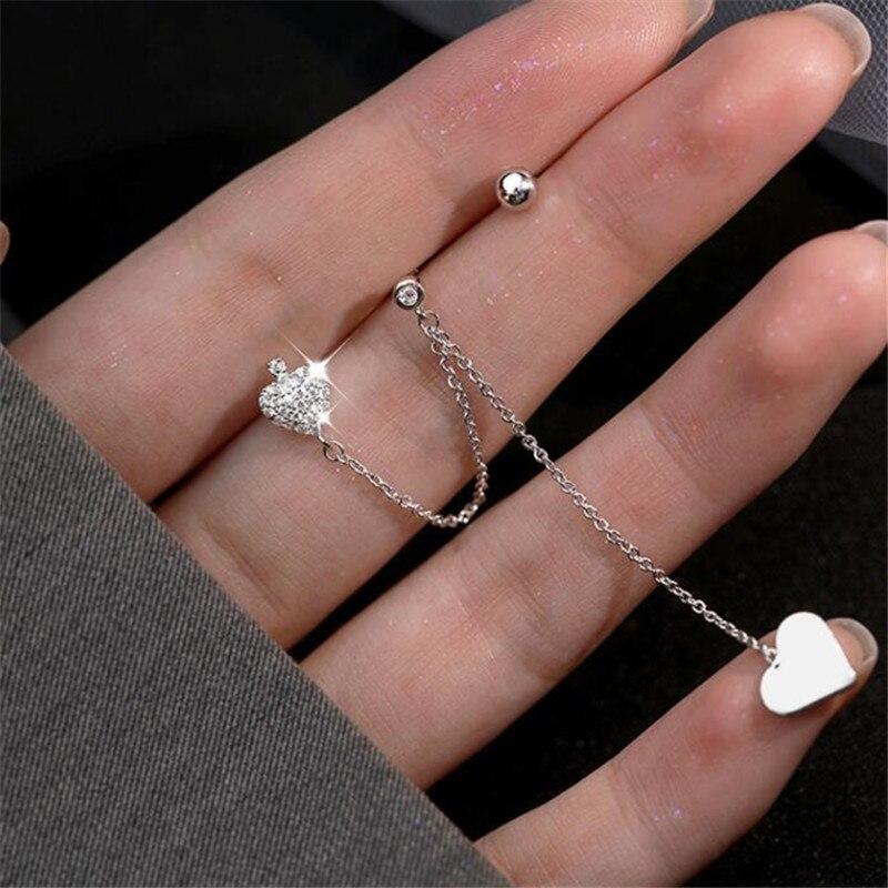 925 Sterling Silver Asymmetry Tassel Long Chain Zircon Heart Drop Earring for Women Girls Wedding Party Elegant Jewelry