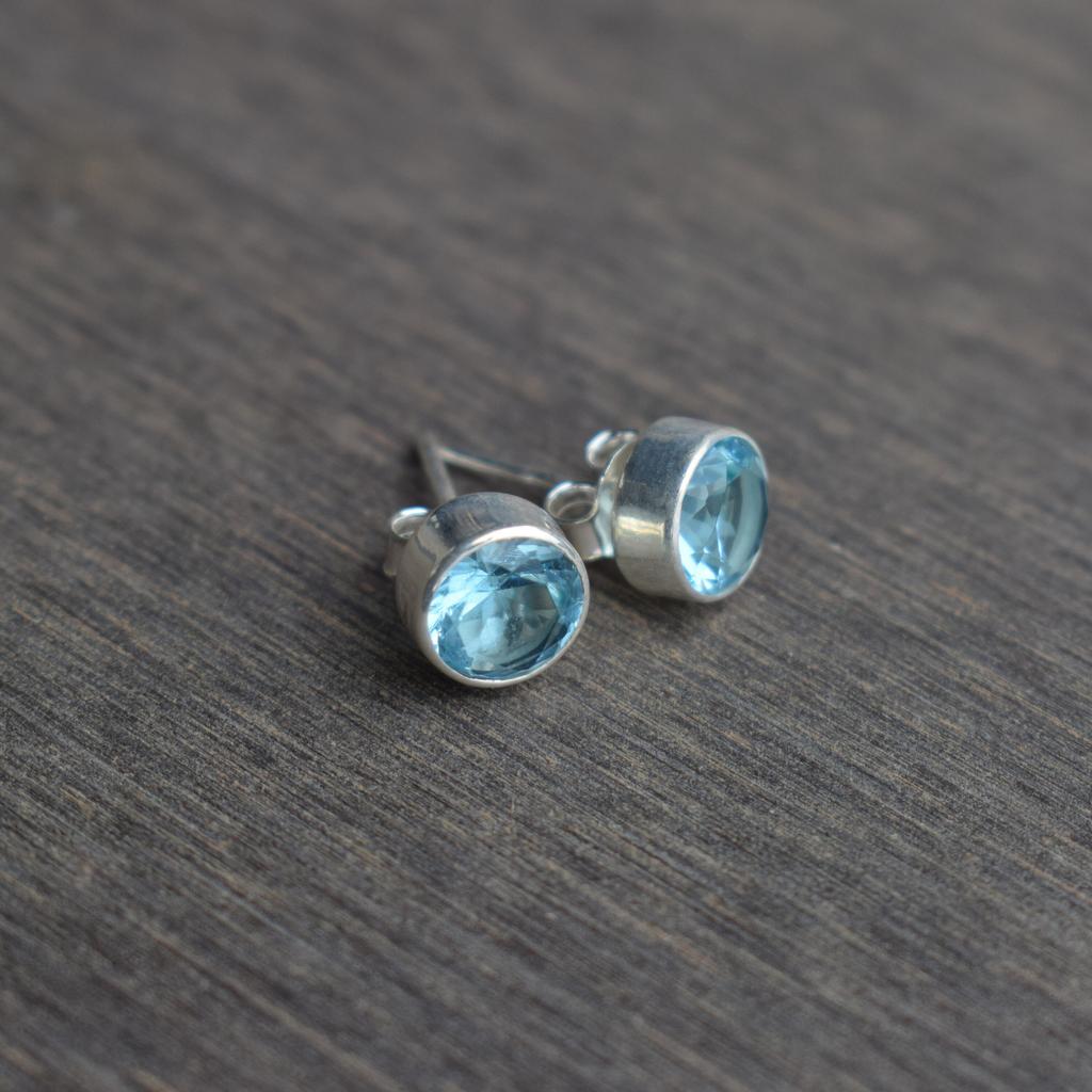 Natural Blue Topaz Stud Earrings-Handmade Silver Studs-925 Sterling Silver Stud Earrings-Gift for her-Blue Gemstone Studs-Blue Topaz Earring