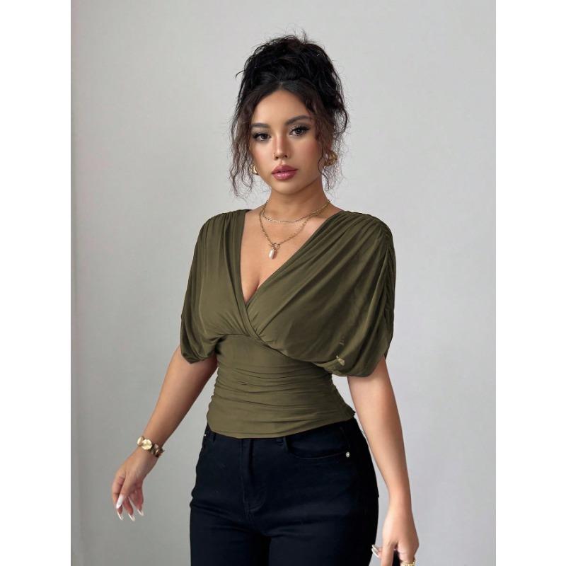 Women Solid Deep V Neck Short Sleeve Cinched Waist Sexy Casual Fitted Top
