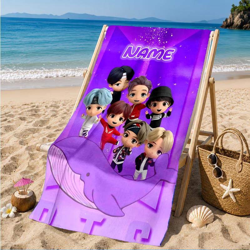 Custom Name K-pop BTS Artwork Characters Beach Towel Microfiber Beach Towel, Lightweight and Quick-Dry, for Summer Travel, Swimming Pool Gift