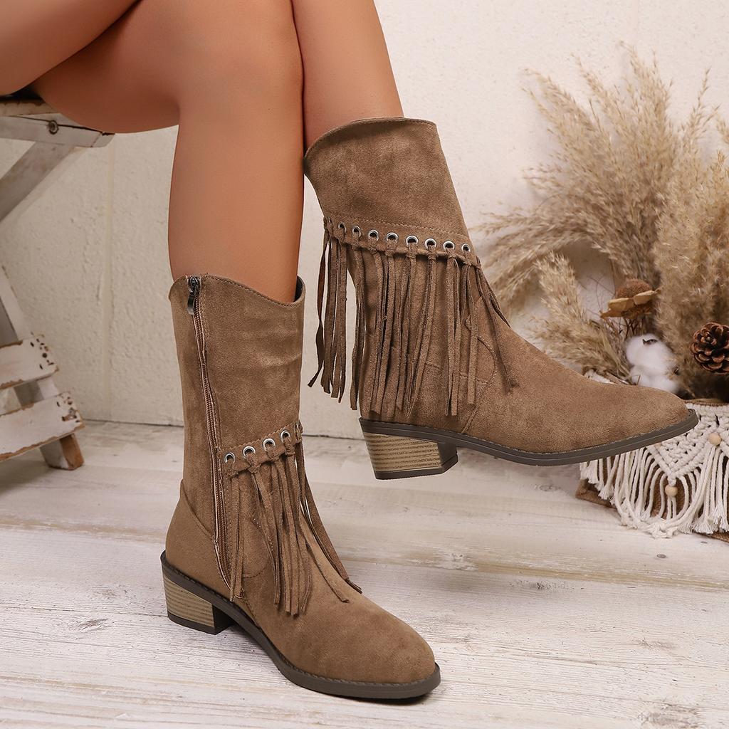 Plus Size Fringed Boots, Women's Round Toe, Mid Block-heeled Vintage Western Cowboy Boots, Nubuck Fashion Booties