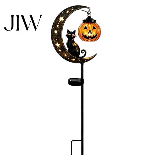 Festliche Halloween-Atmosphäre Licht Schwarze Katze Mond Pfahllicht, Solar Metall Kürbis Laterne mit Dekorativen Lichtern für Garten Warmes Leuchten, Gruselig