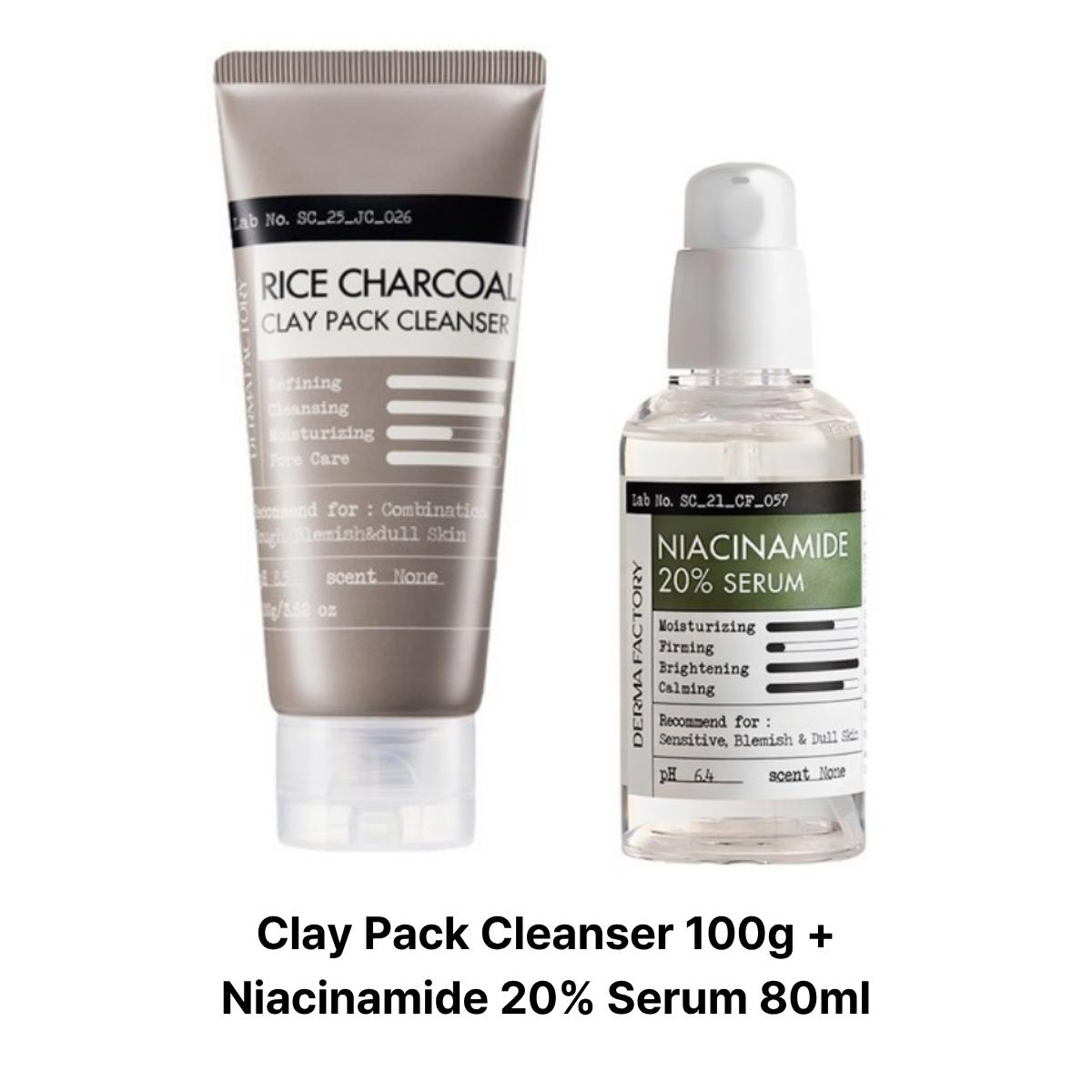 [Derma Factory] Glass Skin Set: Rice Clay Cleanser 100g + Niacinamide 20% Serum 80ml + Heartleaf 71% Cream 60g Cleanser 100g +  Serum 80ml