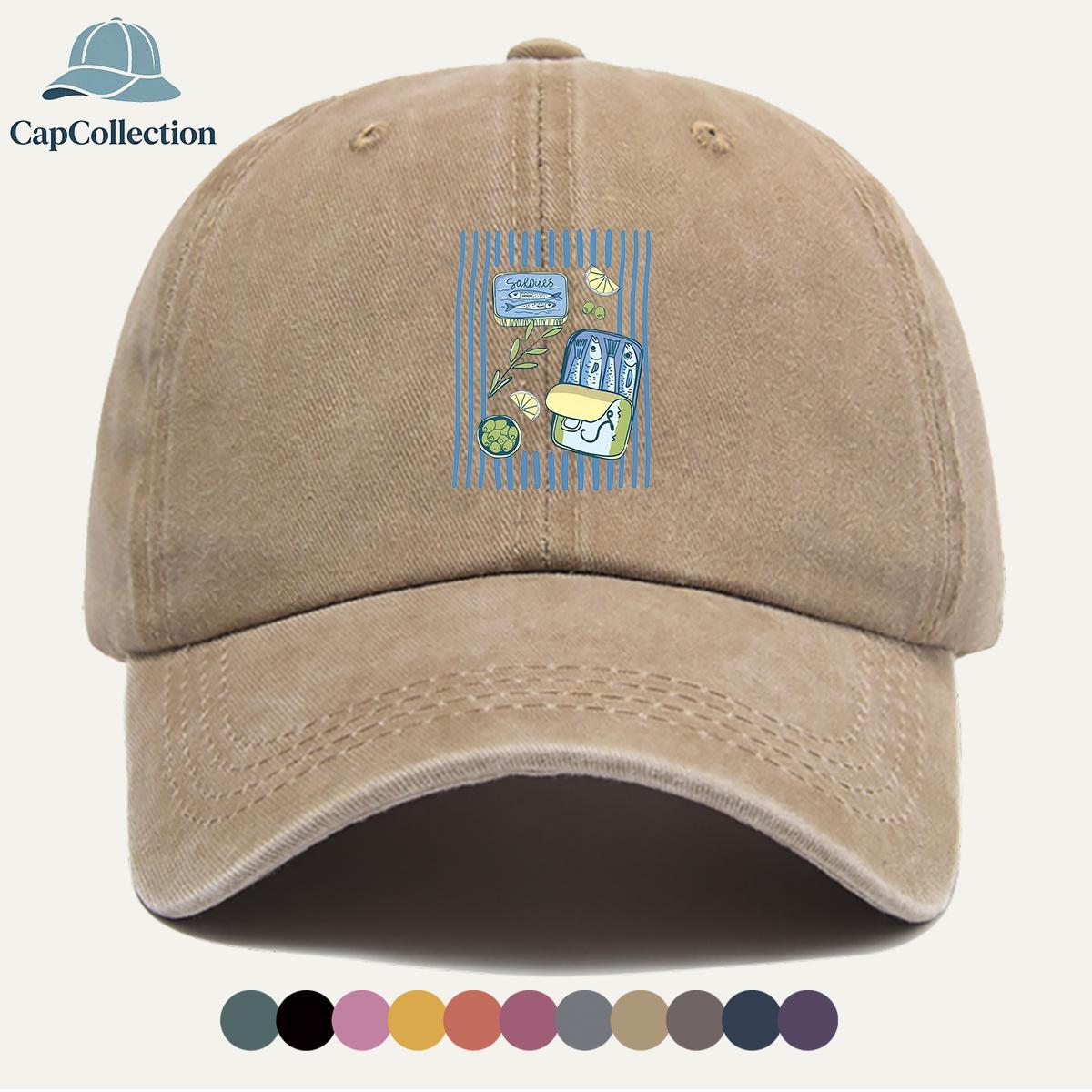pc Sardine Can Theme Fun Illustration Printed Baseball Cap Vintage Blue Black Striped Background Sardine Lemon Slice Olive 1pc