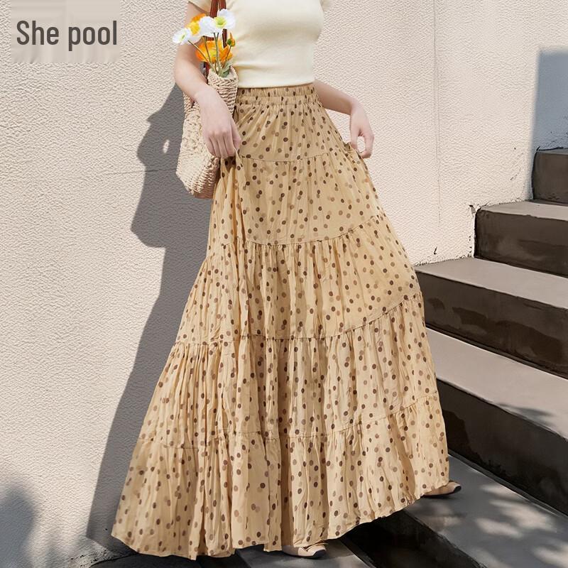 Women s Elastic Waist Polka Dot Flowy A-line Maxi Skirt M