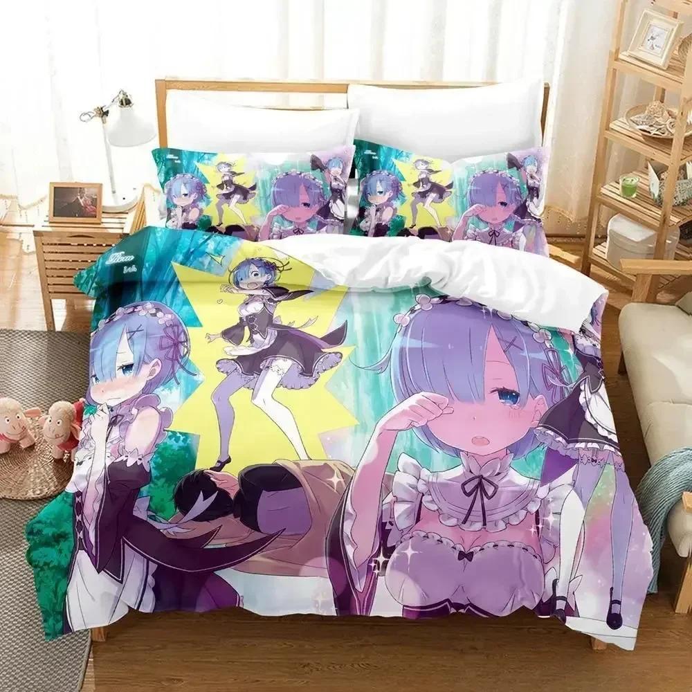 New Re Zero Rem Ram Bedding Set Cartoon Anime Three-piece Set Adult Kid Bedroom Duvet Cover Sets 3D Kawaii Girl Home Textile