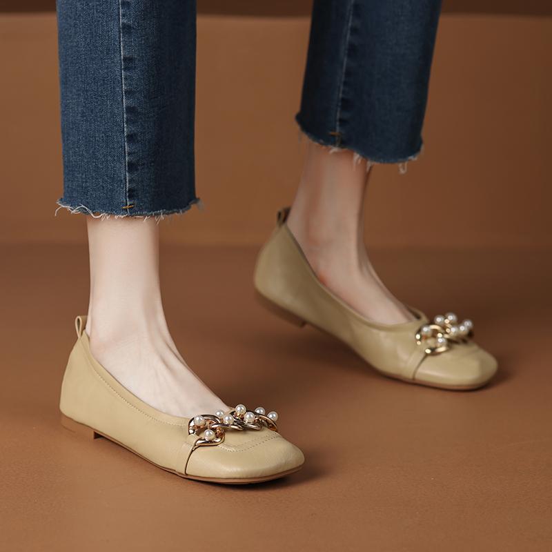 

fashion 2024 Women s Shoes Elegant French Metal Buckle Shallow Mouth Flat Bottom Simple Soft Leather Low Heel Shoes for Women 40 хаки
