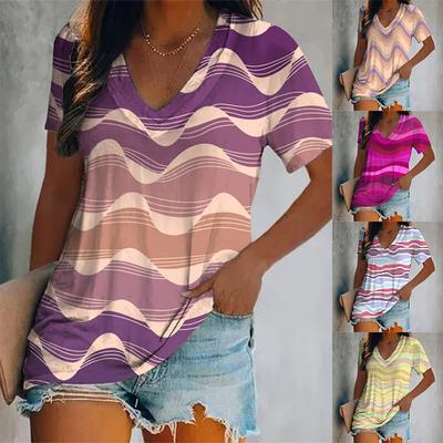 Fashion Women's Short Sleeve V-Neck Print Ripple Summer Casual Breathable Refreshing T-Shirt Oversized Elegant Women's Wear