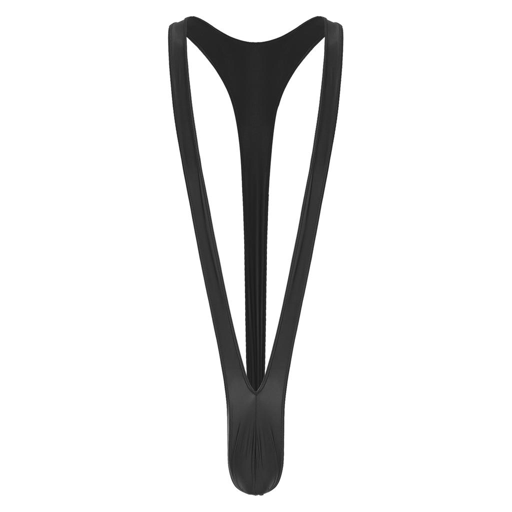 Mens Glossy Mankini Swimsuit V-Shaped Suspender Thong Bulge Pouch Design Stretchy Swimwear for Beach Pool Parties