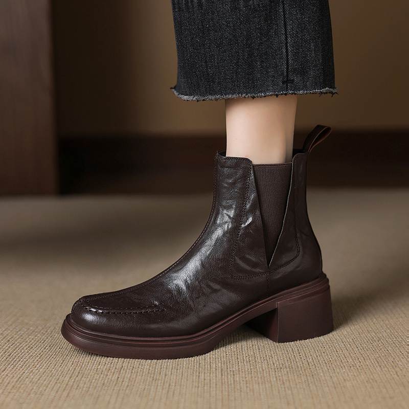 Krazing Pot Sheepskin Round Toe Thick Heels Chelsea Boots Size 42 High Quality Women Keep Warm Ankle Boots