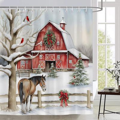 Winter Farm Shower Curtain Country Barn Wreath Horses Green Pine Tree Red Bird Snow Fence Vintage Rustic Happy New Year Holiday