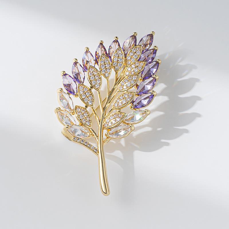 Elegant Purple Leaf Copper Zircon Brooch for Coat Corsage