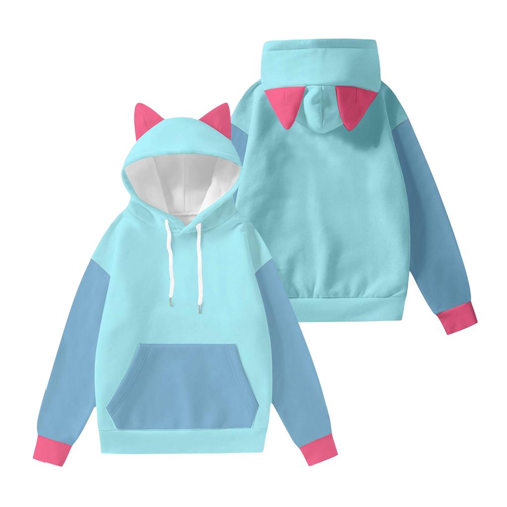 Women's Fashion Long-Sleeved Color-Blocked Printed Hooded Sweatshirt With Ears