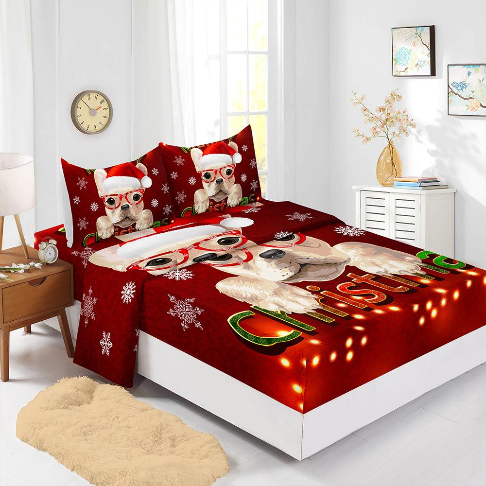 Four-Piece Mattress Set Christmas Bedding 3D Digital Printing Kit Mattress Protective Cover