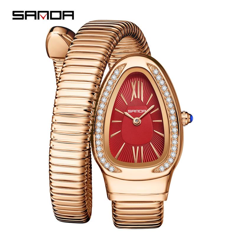 SANDA Fashion Women's Quartz Watch Serpentine Inlaid Diamond Women's Watch Retro Light Luxury Women's Quartz Watch