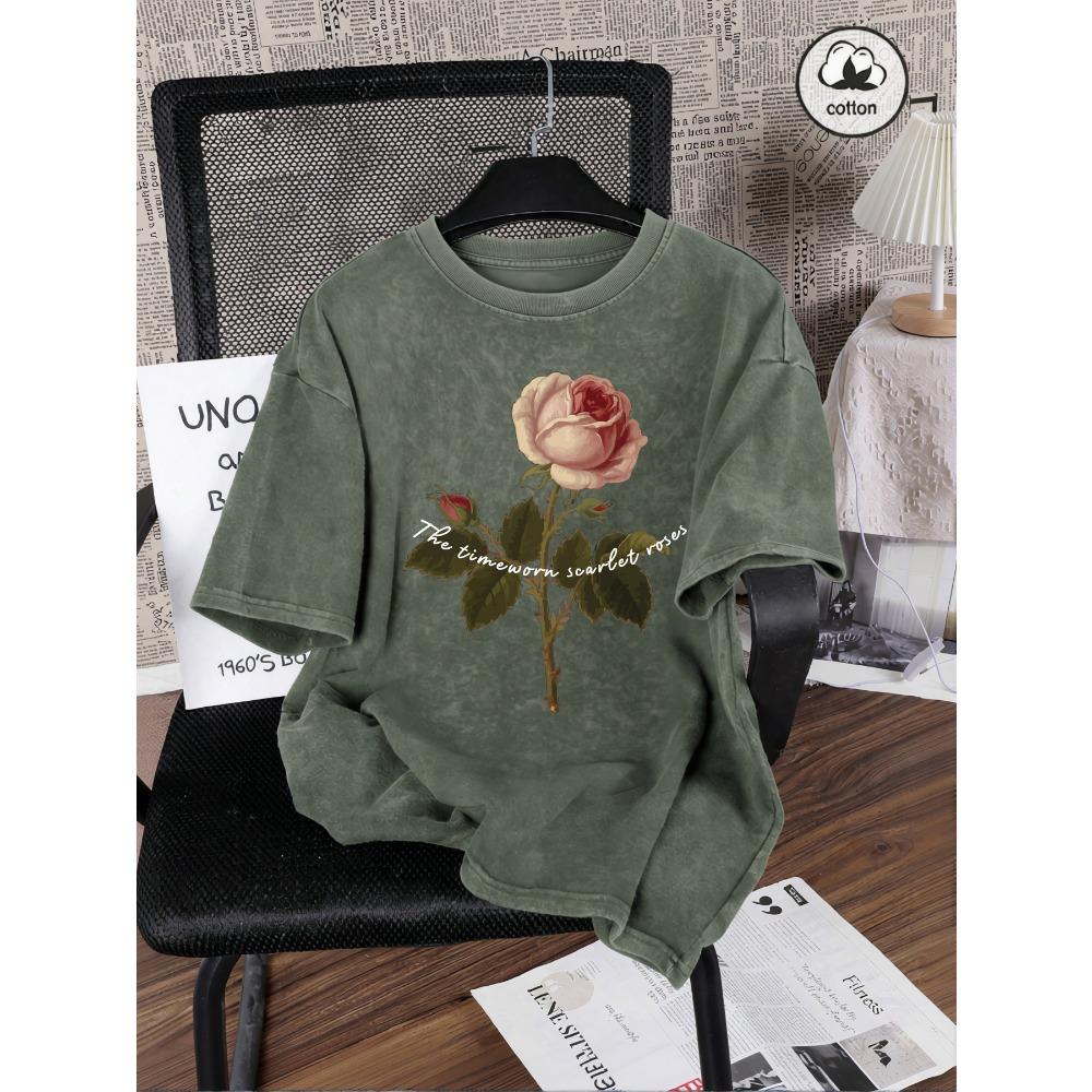 The Timeworn Scarlet Roses Print Women Washed T-Shirt Casual Comfortable T Shirts Cotton Summer Clothes Loose Short Sleeve