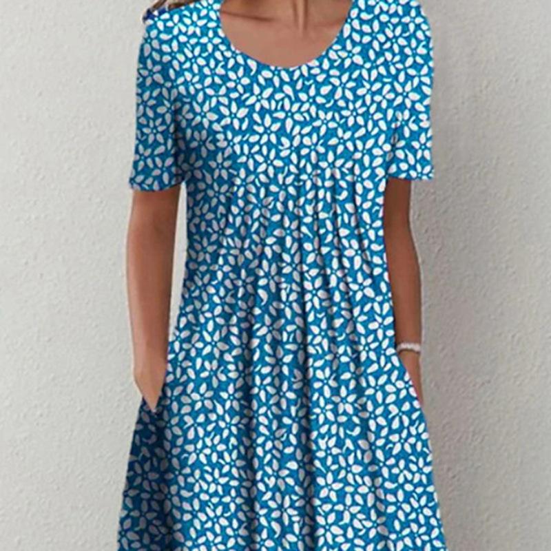 Spring and Summer Floral Print Crew Neck Pocket Women's Fashion Casual Crew Neck Trend Print Medium and Long Dress