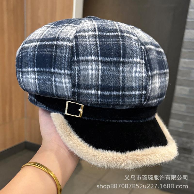 Retro plaid octagonal hat women's winter woolen thickened warm newsboy hat, versatile temperament and face small painter hat