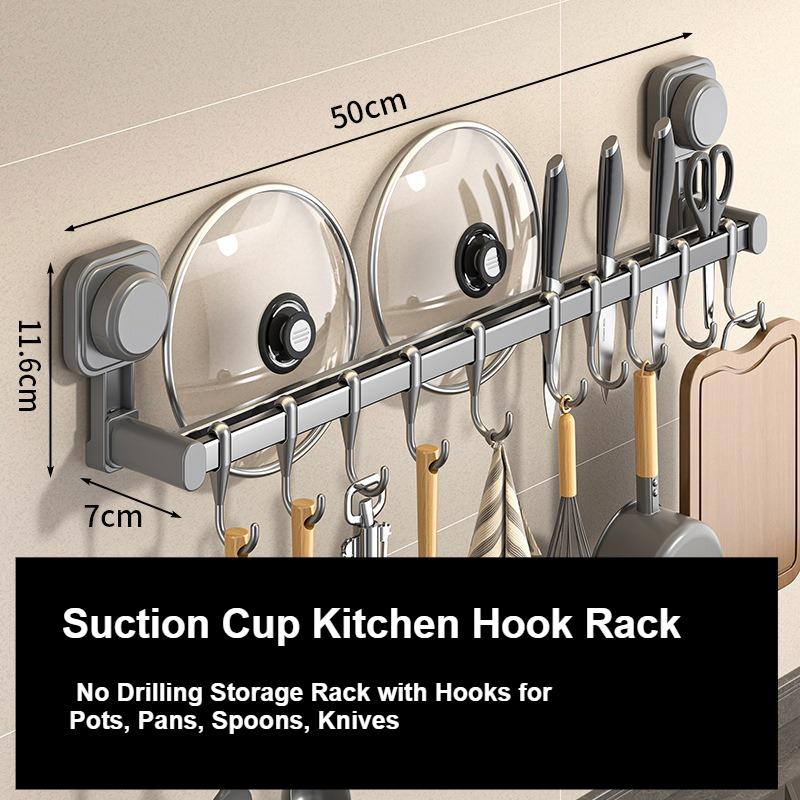 Suction Cup Kitchen Hook Rack No Drilling Storage Rack with Hooks for Pots, Pans, Spoons, Knives Wall-mounted Storage for Items