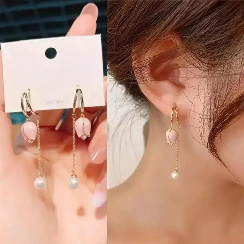 925 Silver Needle Korean Fashion Pearl Tassel Earrings For Women Jewelry Trending New Luxury Women's Zircon Pearl Earrings