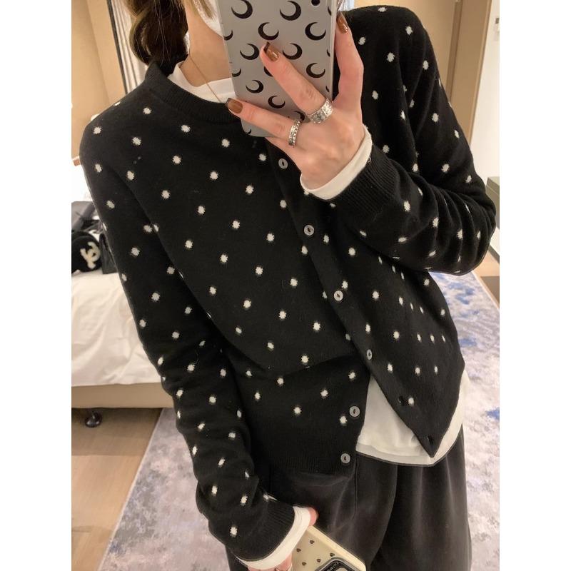 

Женский вязаный свитер в горошек, новый осенне-зимний, многослойный, с чувством дизайна, приталенный и тонкий кардиган, свитер с длинным рукавом, топ one size fits all чёрный