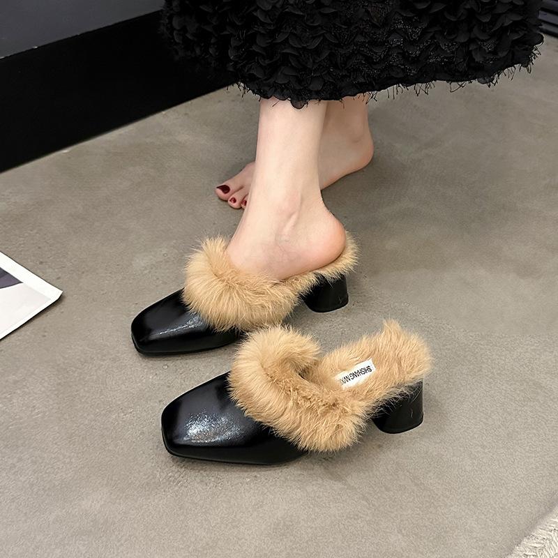 Mao Mao Slippers Women's Outer Wear 2025 Autumn Thick Heels High Heels French High-end Sense Bag Head Cotton Drag Temperament Muller Shoes