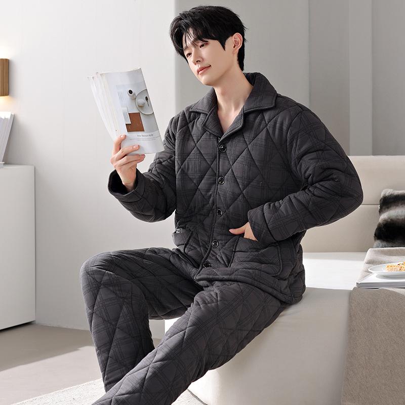 Anti-Static Pajamas Men'S Winter Pure Cotton Padded Three-Layer Thickened And Velvet Warm Autumn And Winter Loungewear Large Size Set
