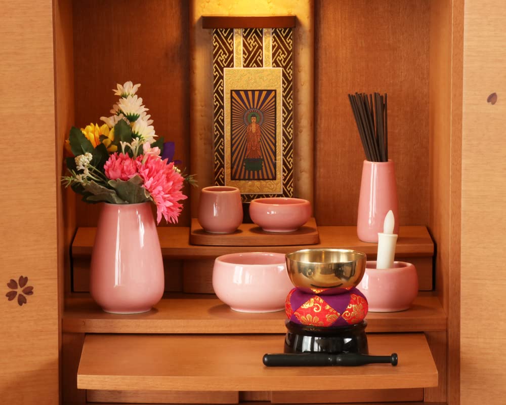 Naamukumachan Koubou Buddhist Altar Ceramic Orin Incense Burner Ash For Modern Mini Buddhist Maple Pink Set Set, 6-piece + Set, Included, Altars,